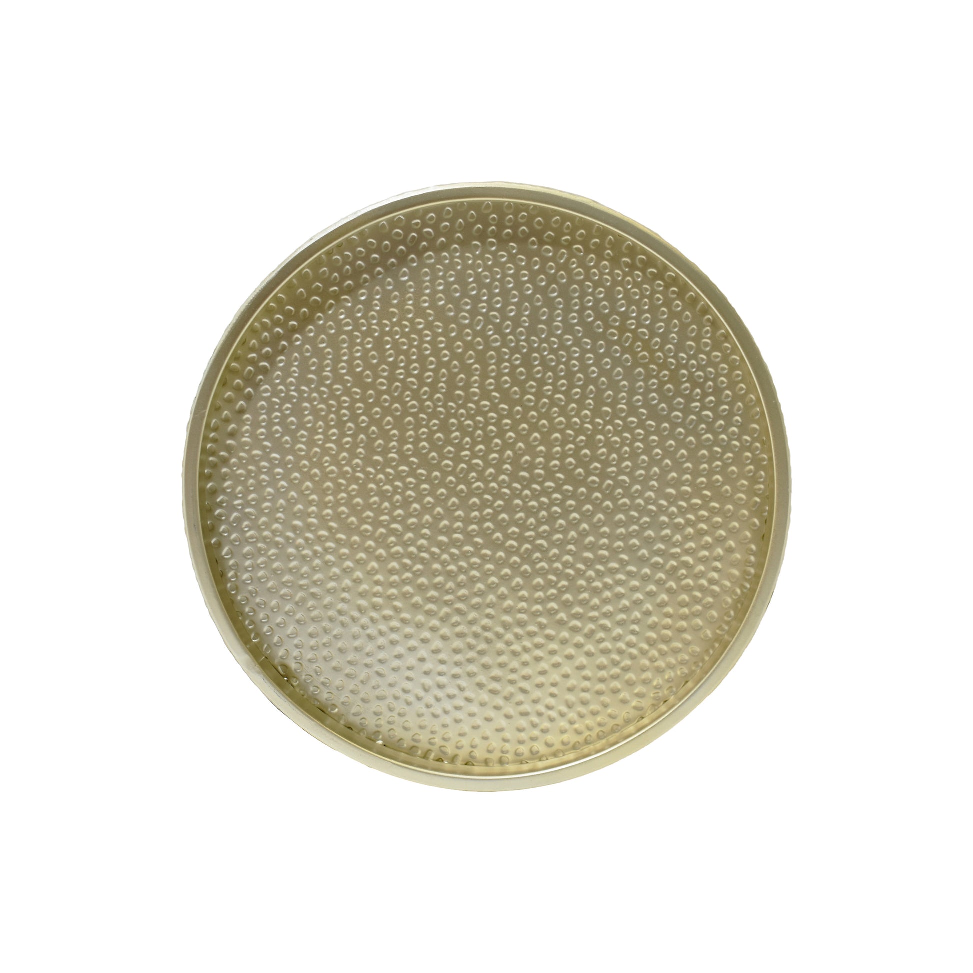 Hammered gold metal round tray with a textured surface perfect for serving drinks