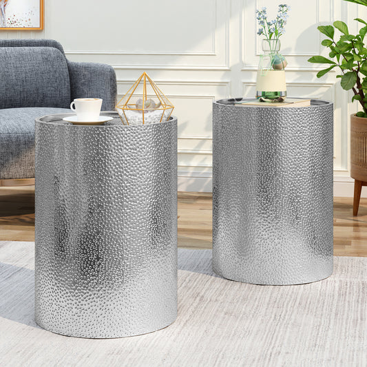 Hammered silver accent table with a textured metallic finish ideal for modern living rooms