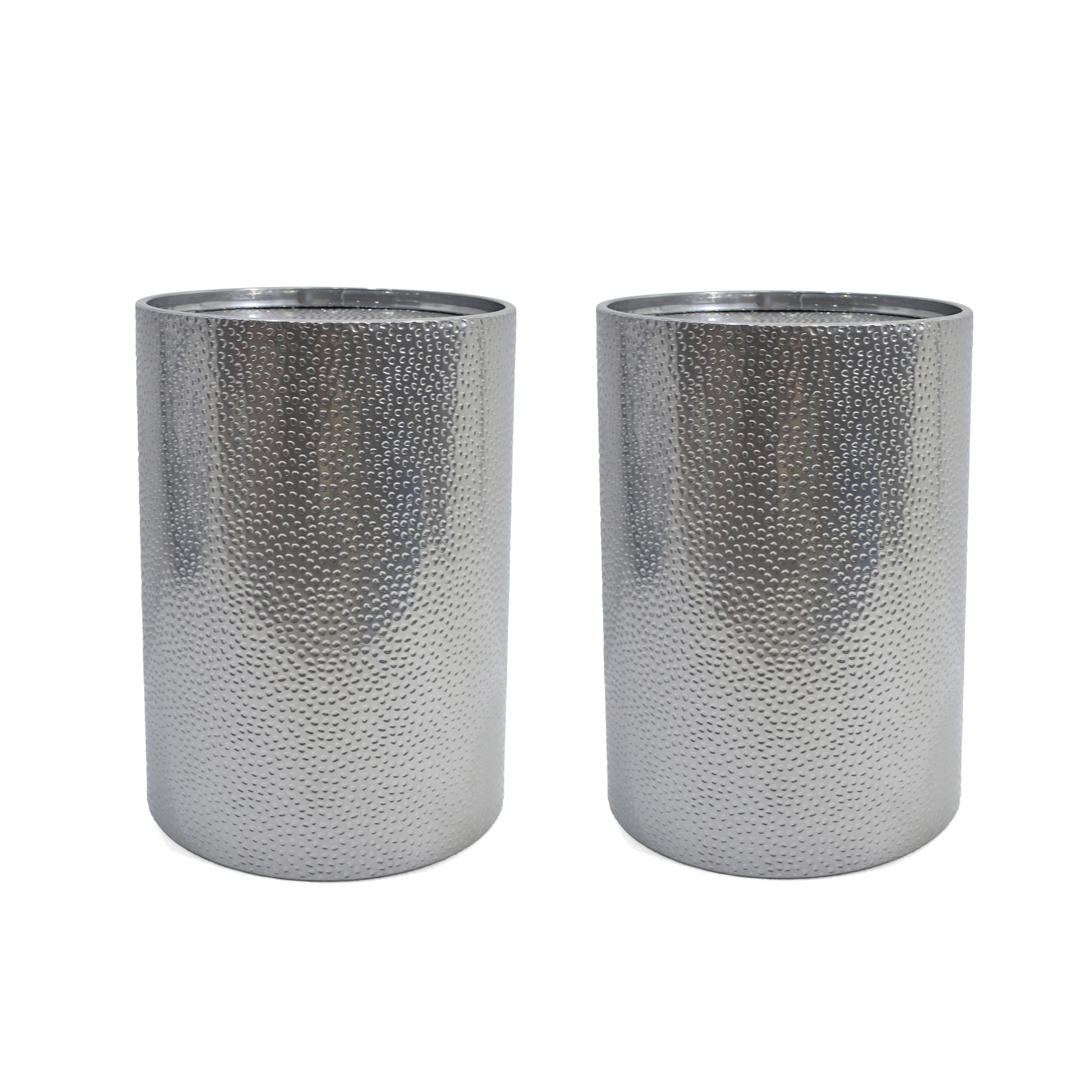 Two silver hammered metal cylindrical vases perfect for modern decor