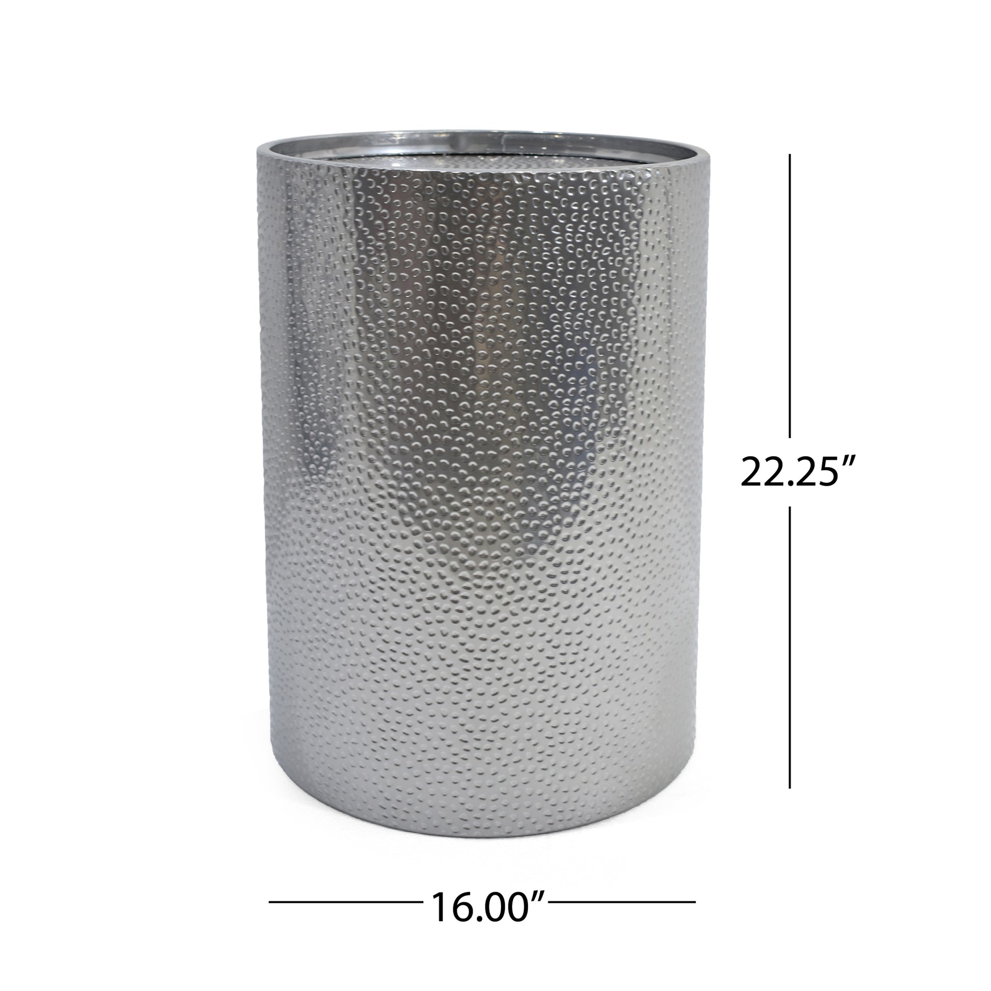 Large hammered silver metal planter with dimpled texture  H x  W