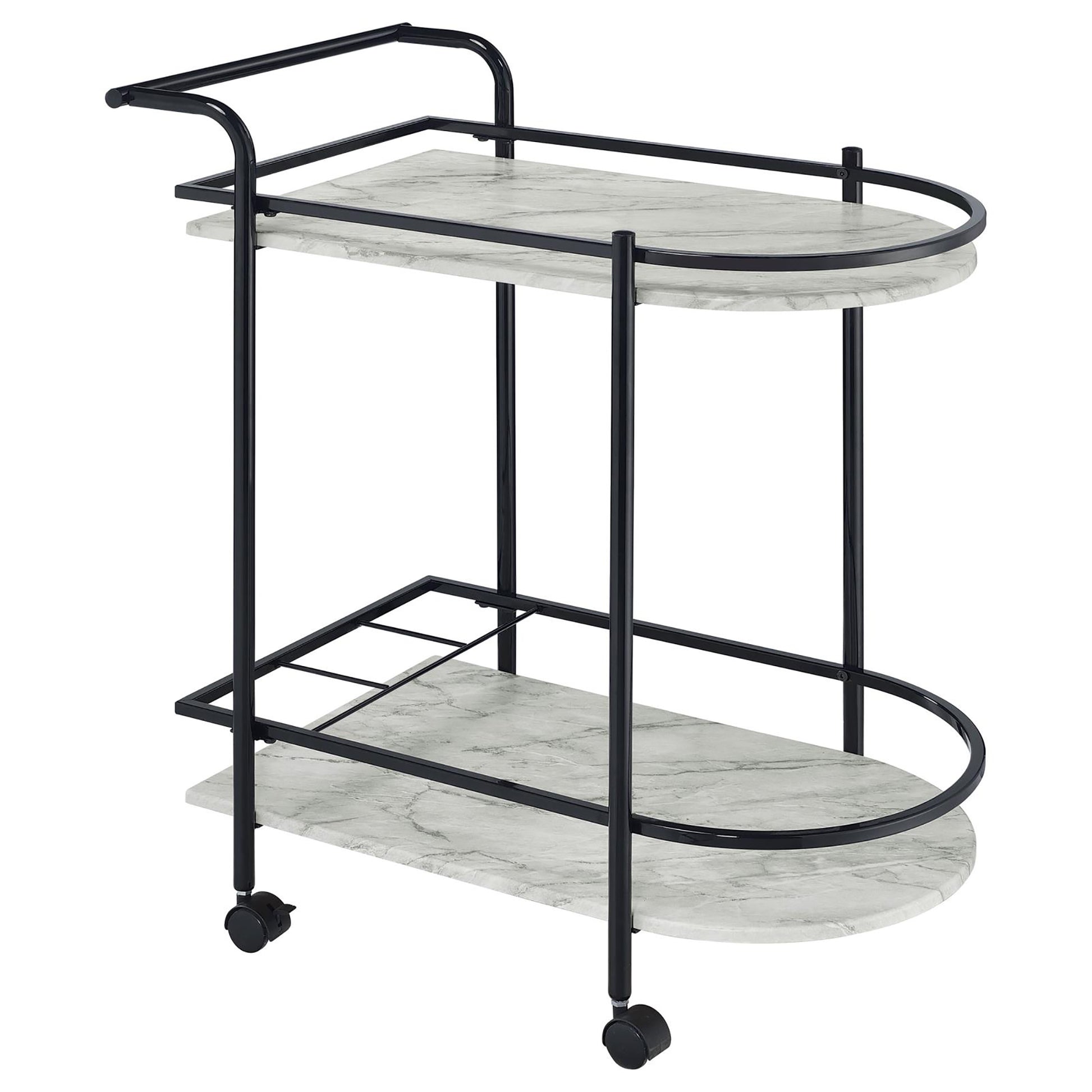 Black metal bar cart with faux marble shelves