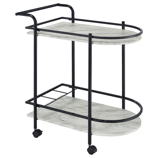 Black metal bar cart with faux marble shelves