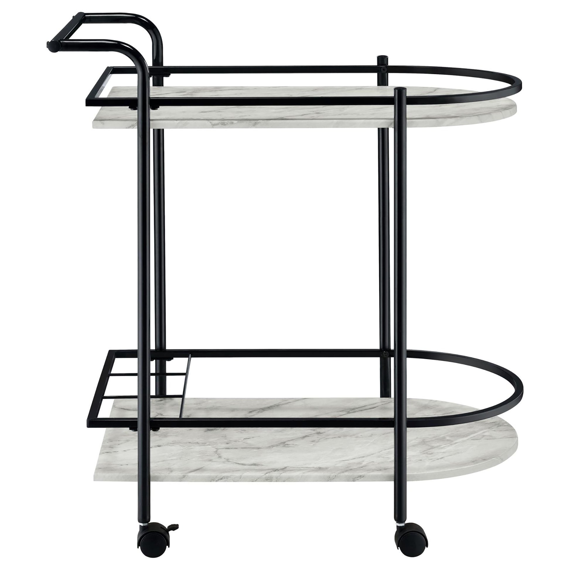 Modern bar cart with faux marble shelves and black metal frame