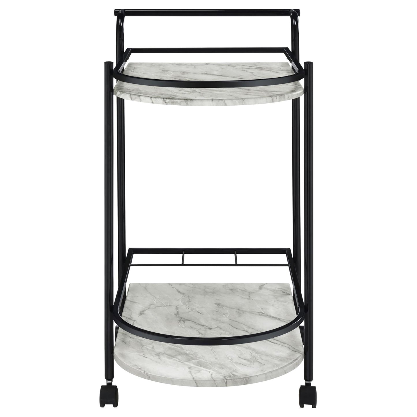 Twotier marble serving cart with black metal frame and wheels