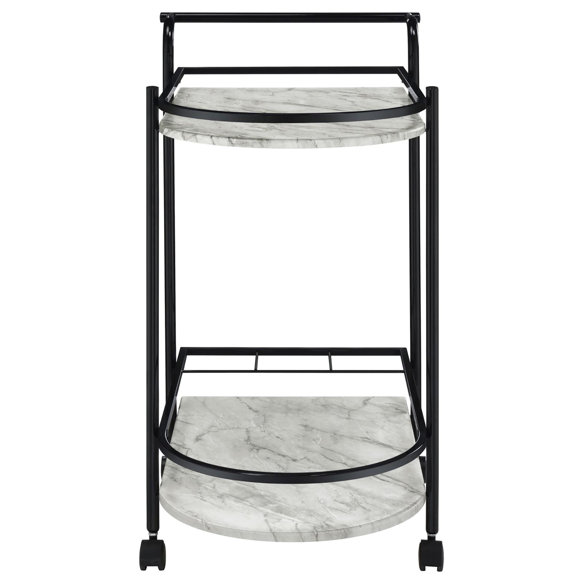 Twotier marble serving cart with black metal frame and wheels