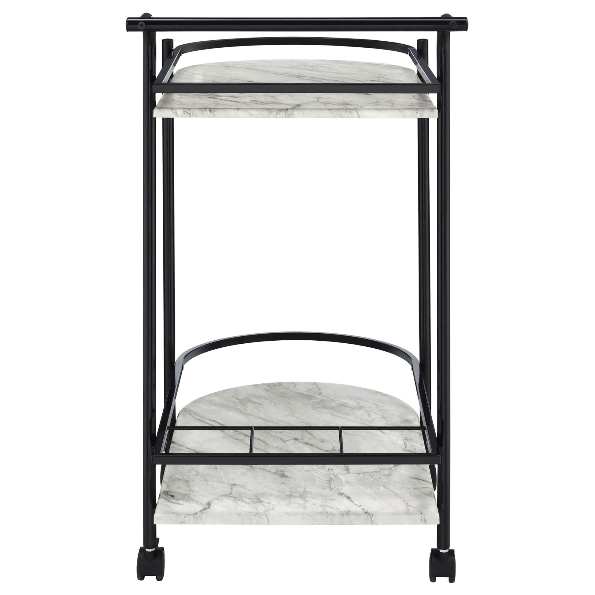 Marble top bar cart with black metal frame and wheels