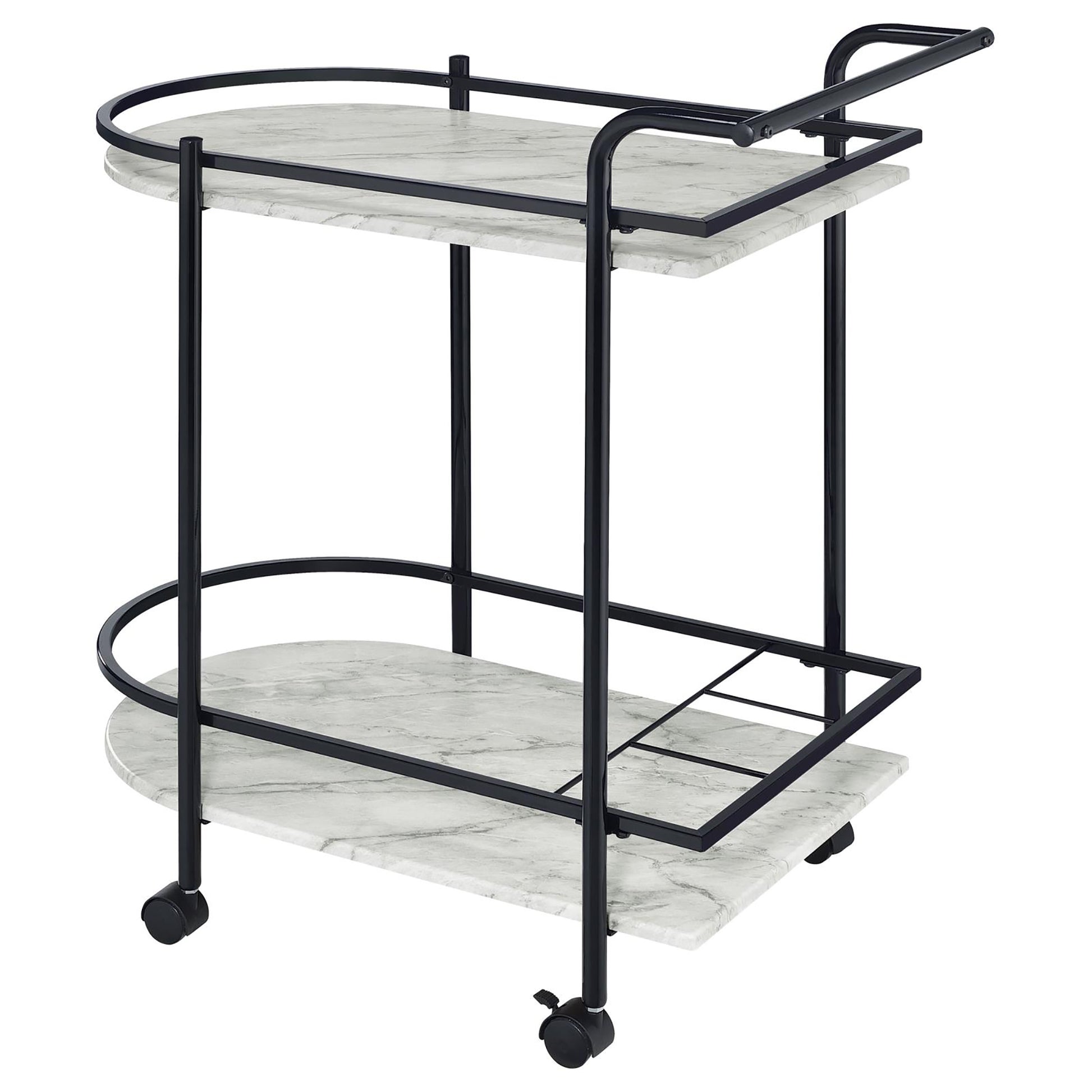 Marble top bar cart with black metal frame and wheels