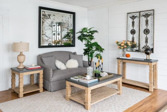 Gray linen sofa with decorative white fuzzy pillows a perfect centerpiece for modern living rooms