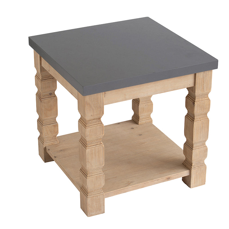 Square wooden end table with grey top and turned legs