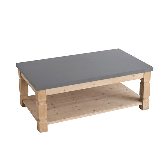 Farmhouse coffee table with a gray tabletop and natural wood base featuring a lower shelf for storage