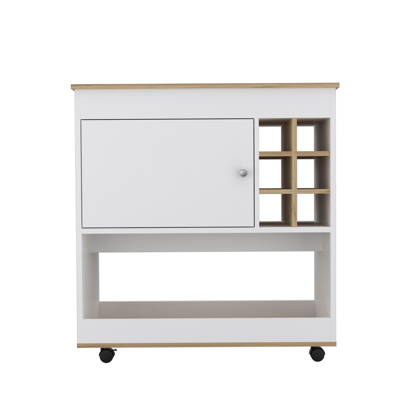 White and wood kitchen cart with wine rack and single door