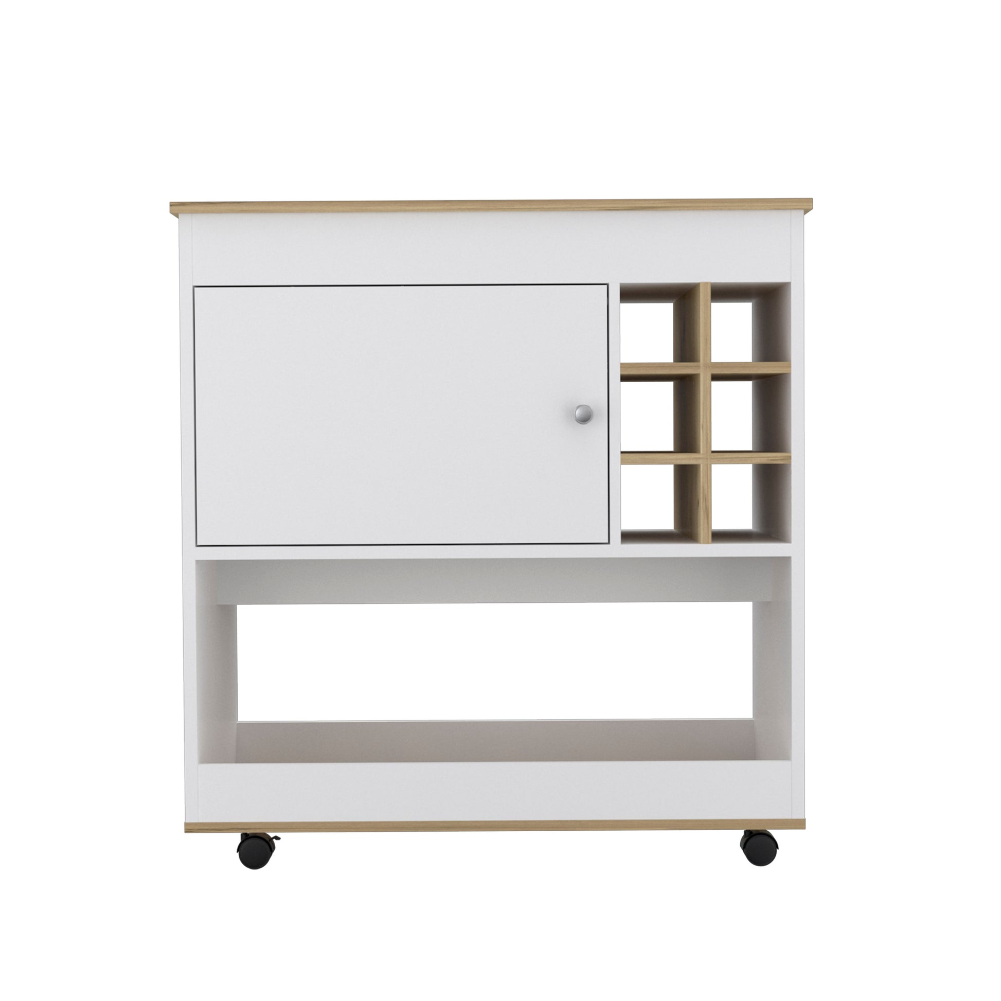 White and wood kitchen cart with wine rack and single door