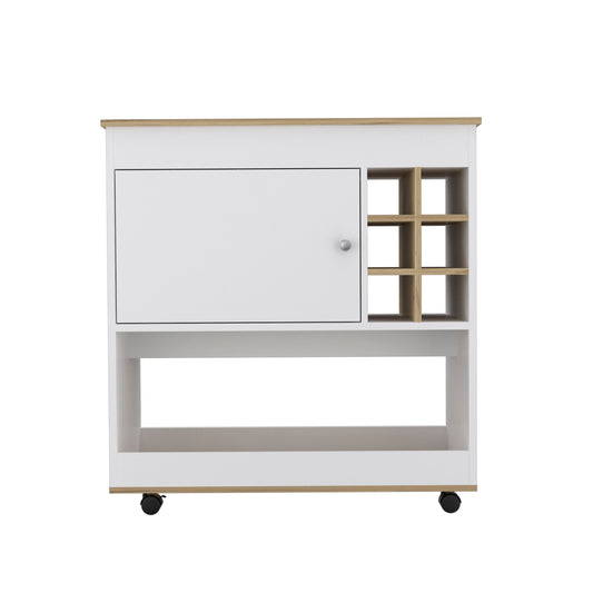 White and wood kitchen cart with wine rack and single door