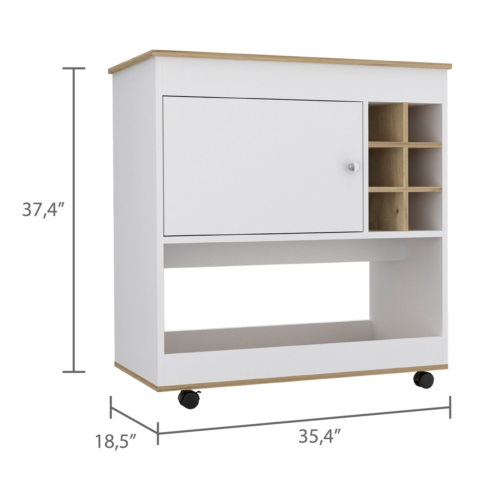 White kitchen cart with a single cabinet door and wine racks