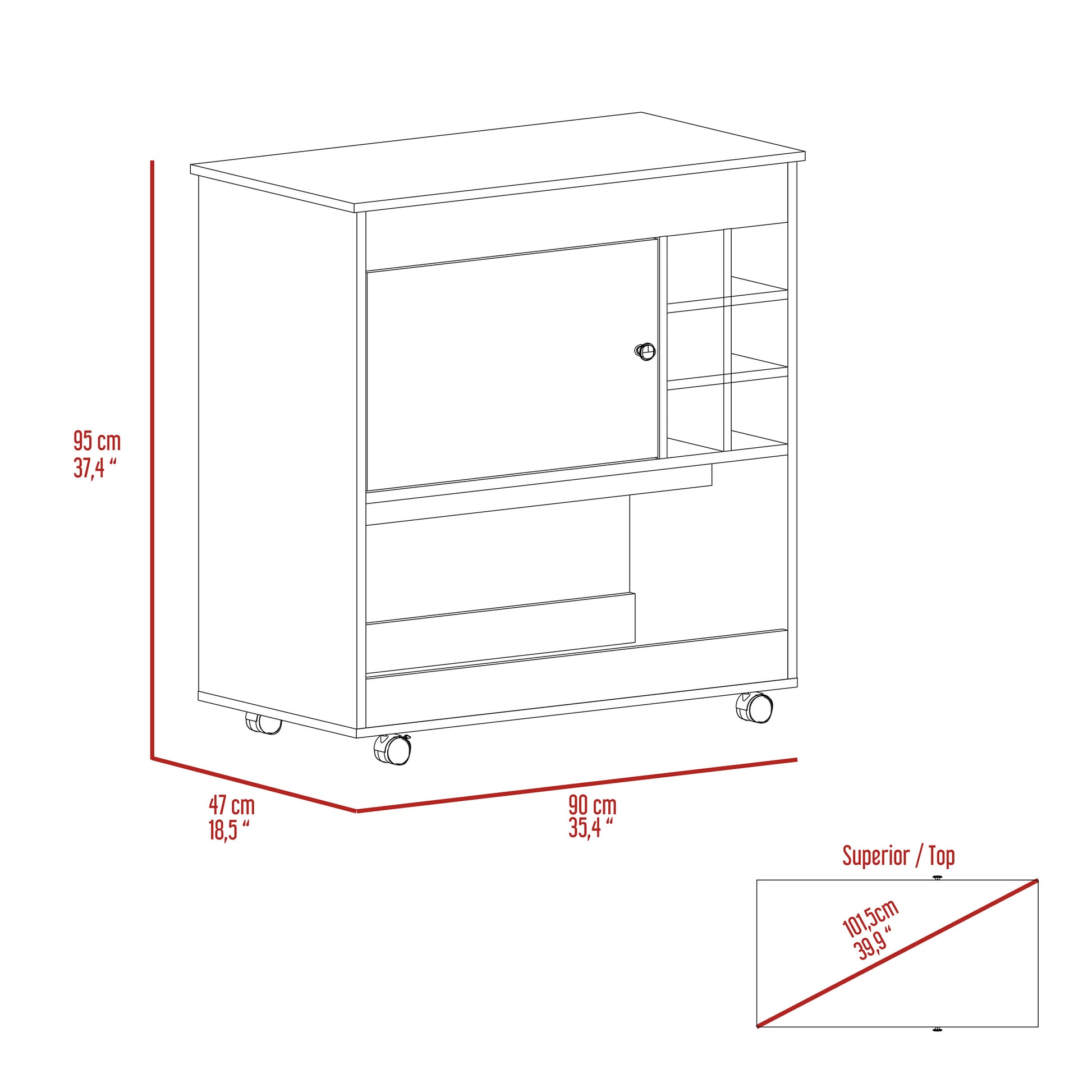 Line drawing of a mobile bar cart with dimensions