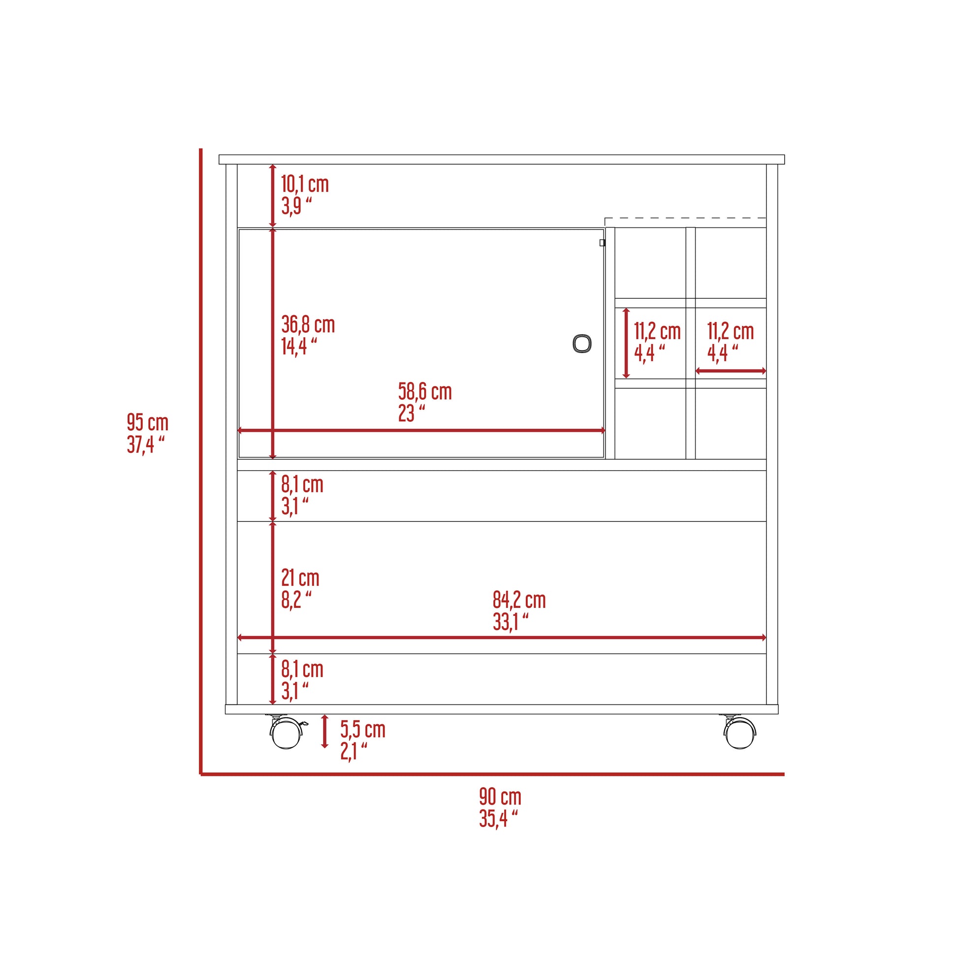 Diagram of a rolling utility cart with dimensions cm height cm width cm depth