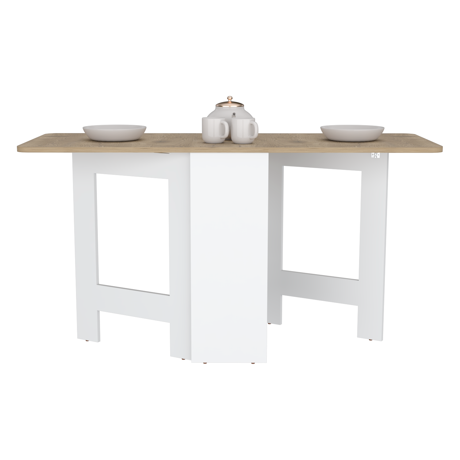 Wooden and white drop leaf dining table with tea set and plates