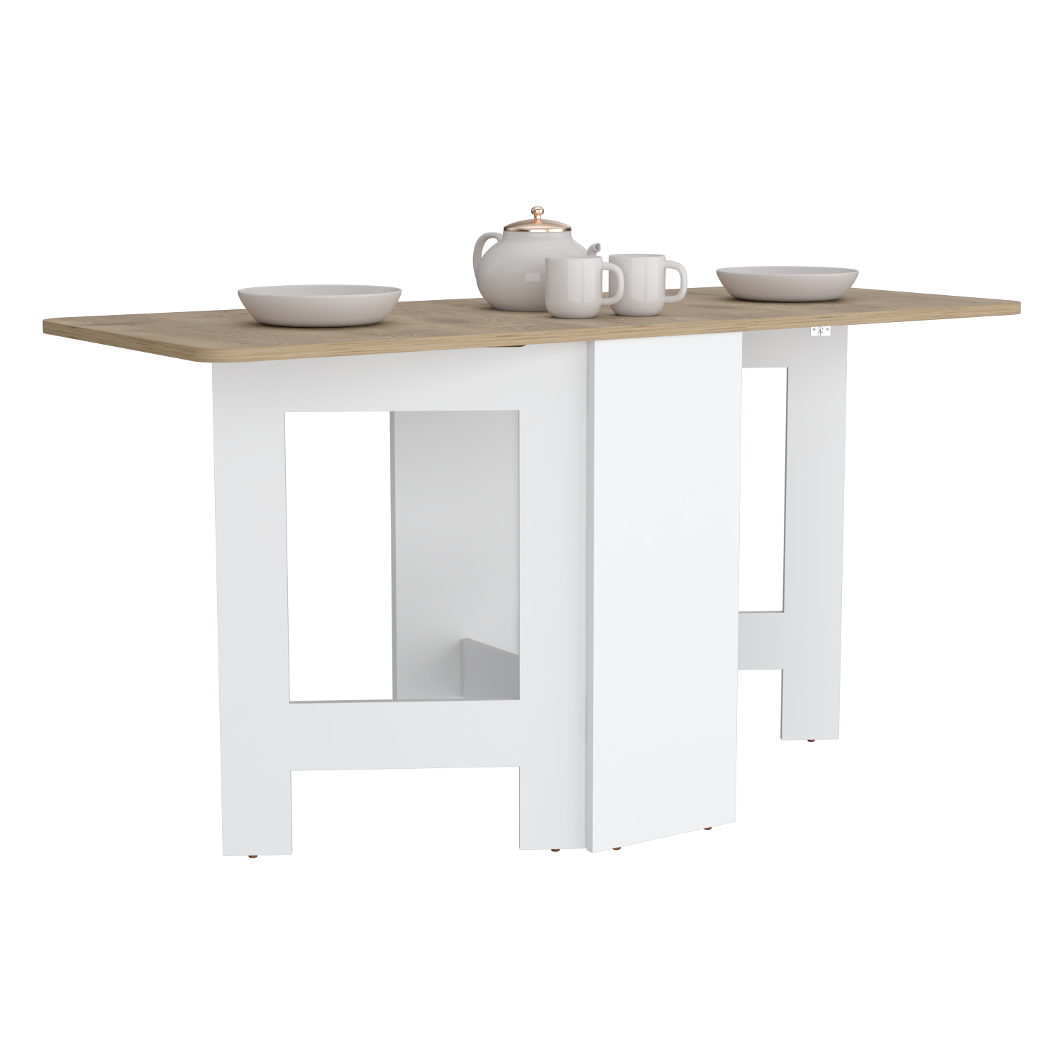Foldable kitchen table with light oak top and white base ideal for small spaces