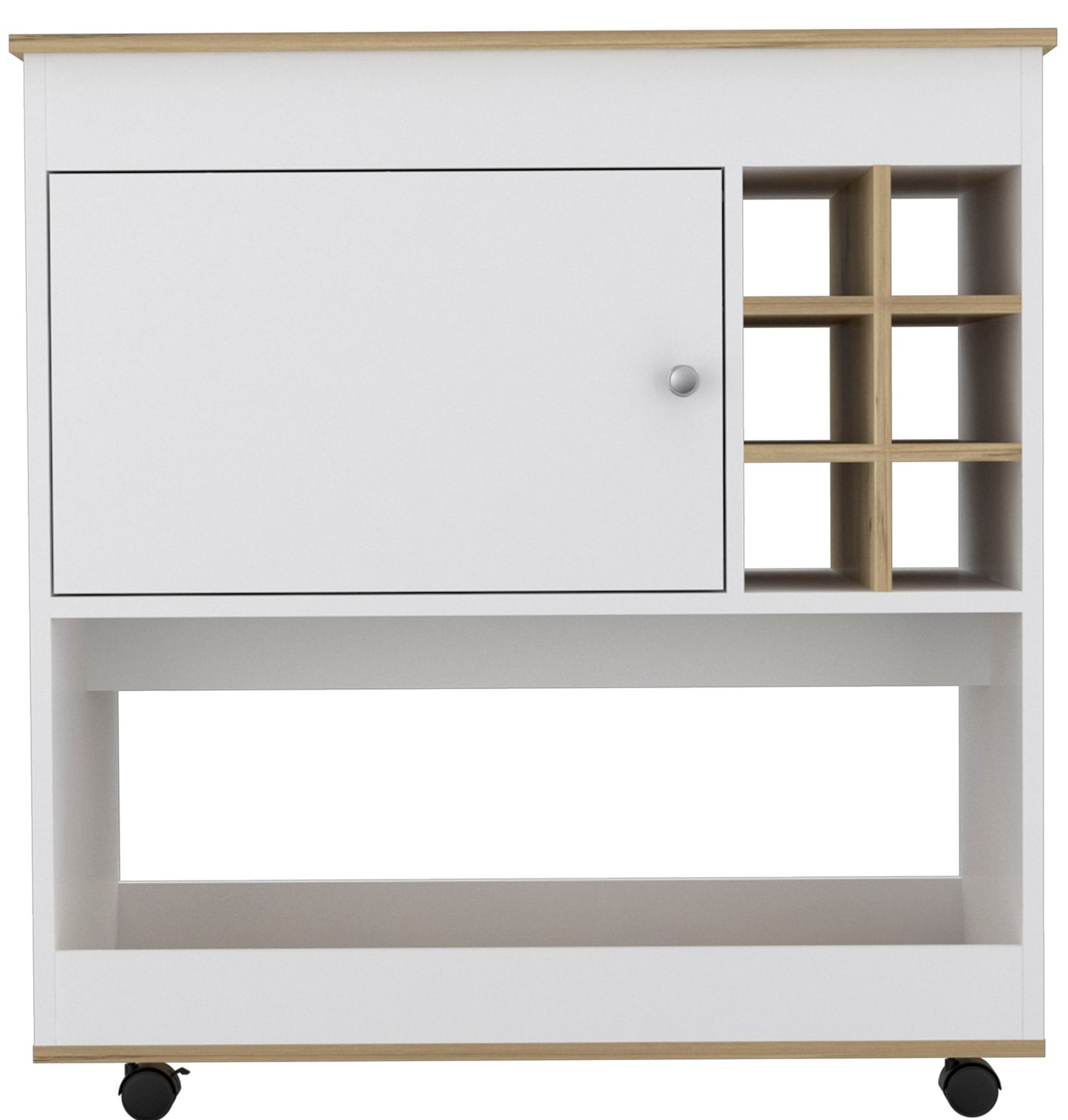 White and wood kitchen cart with rolling wheels and open shelves