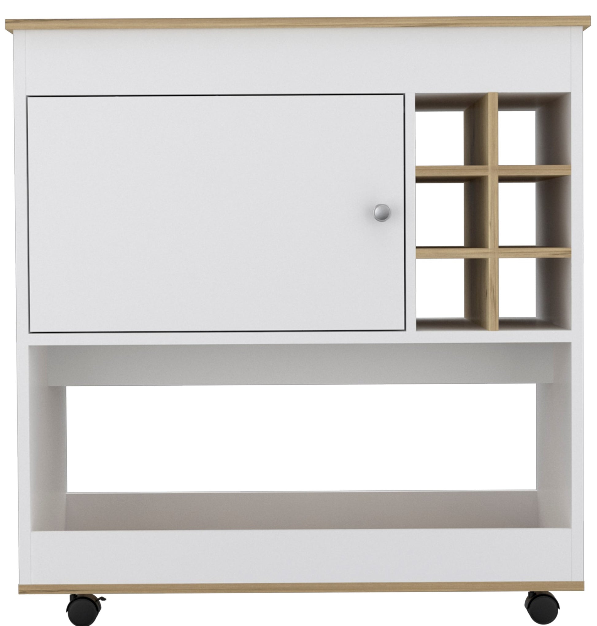 White and wood kitchen cart with rolling wheels and open shelves