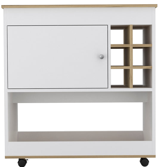 White and wood kitchen cart with rolling wheels and open shelves
