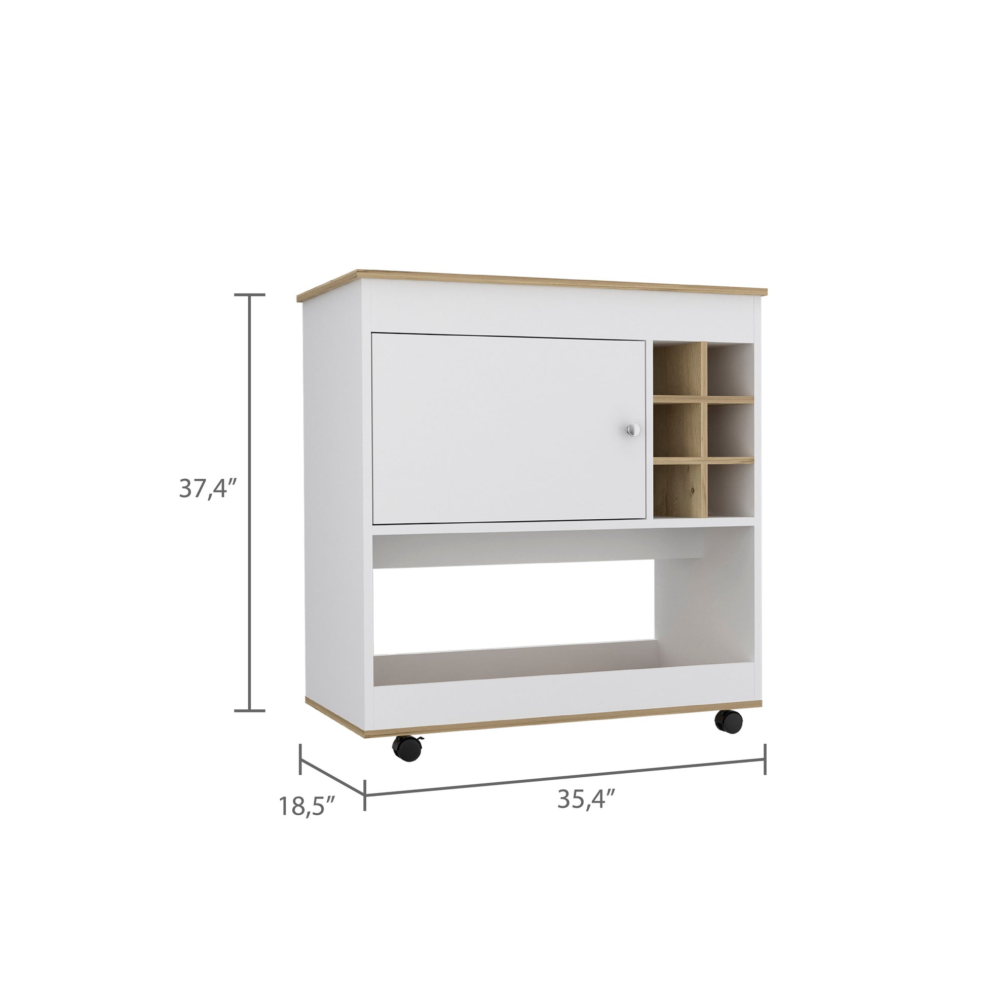 White and wood bar cart with wine rack and storage door