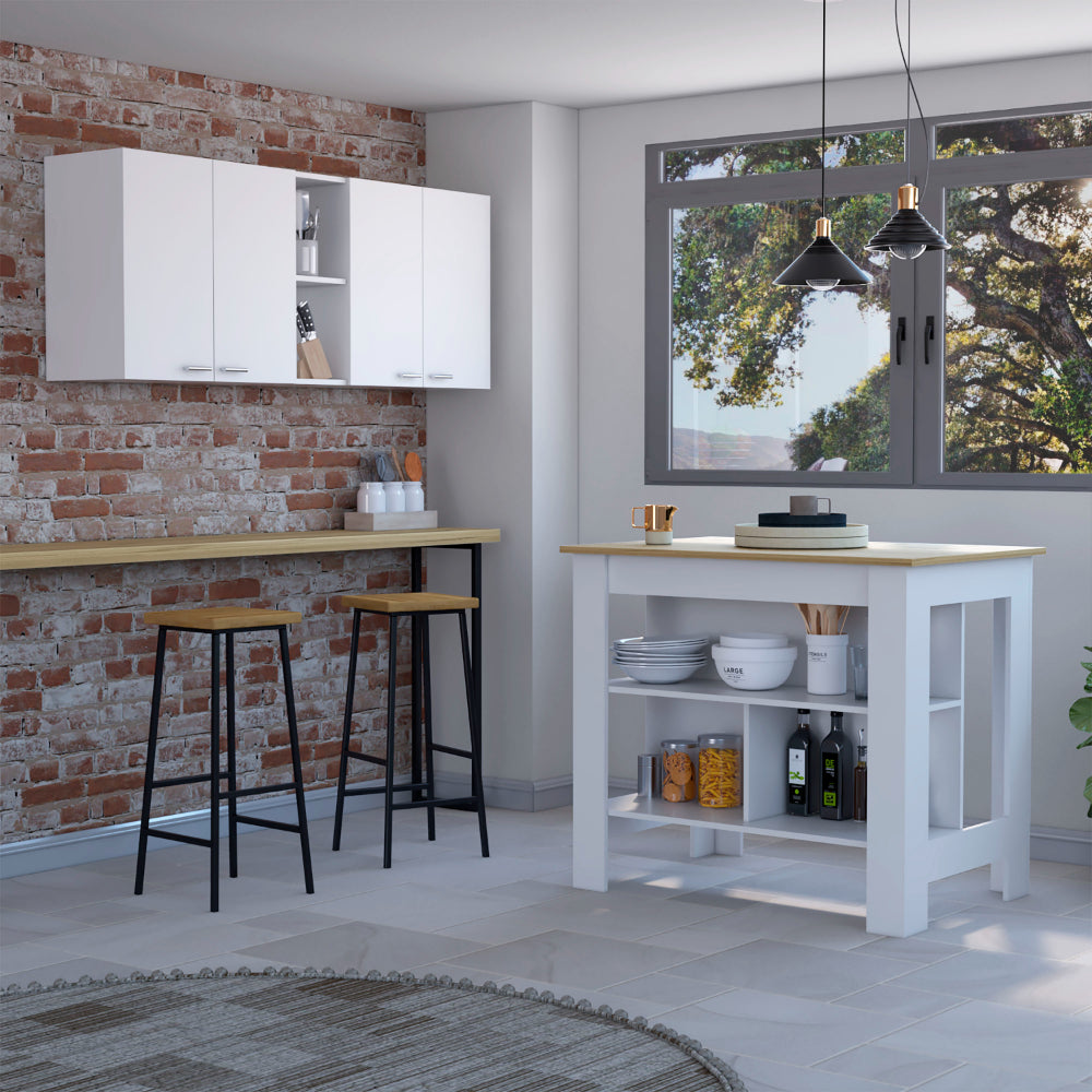 White kitchen island with light wood top and storage shelves