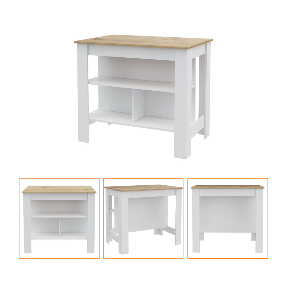 White kitchen island with oak wood top and two shelves