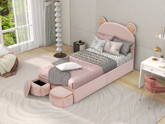 Pink twin bed with bear ears headboard and storage ottomans