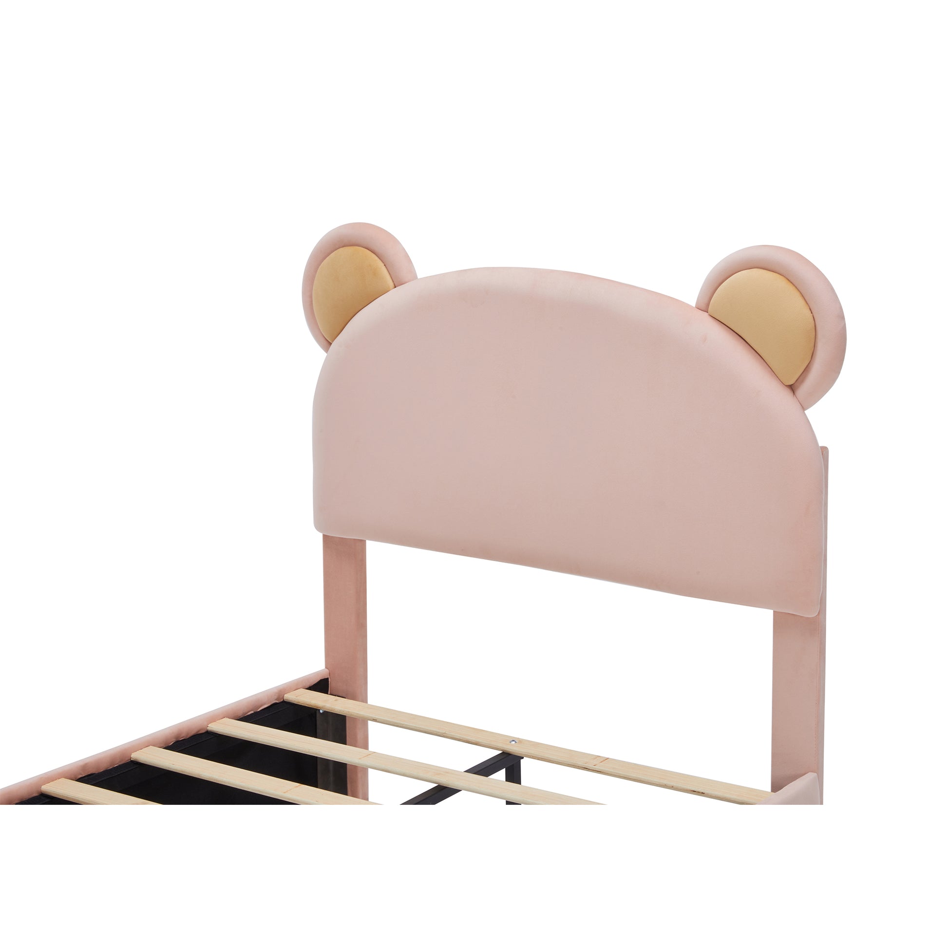 Pink velvet toddler bed headboard with bear ears