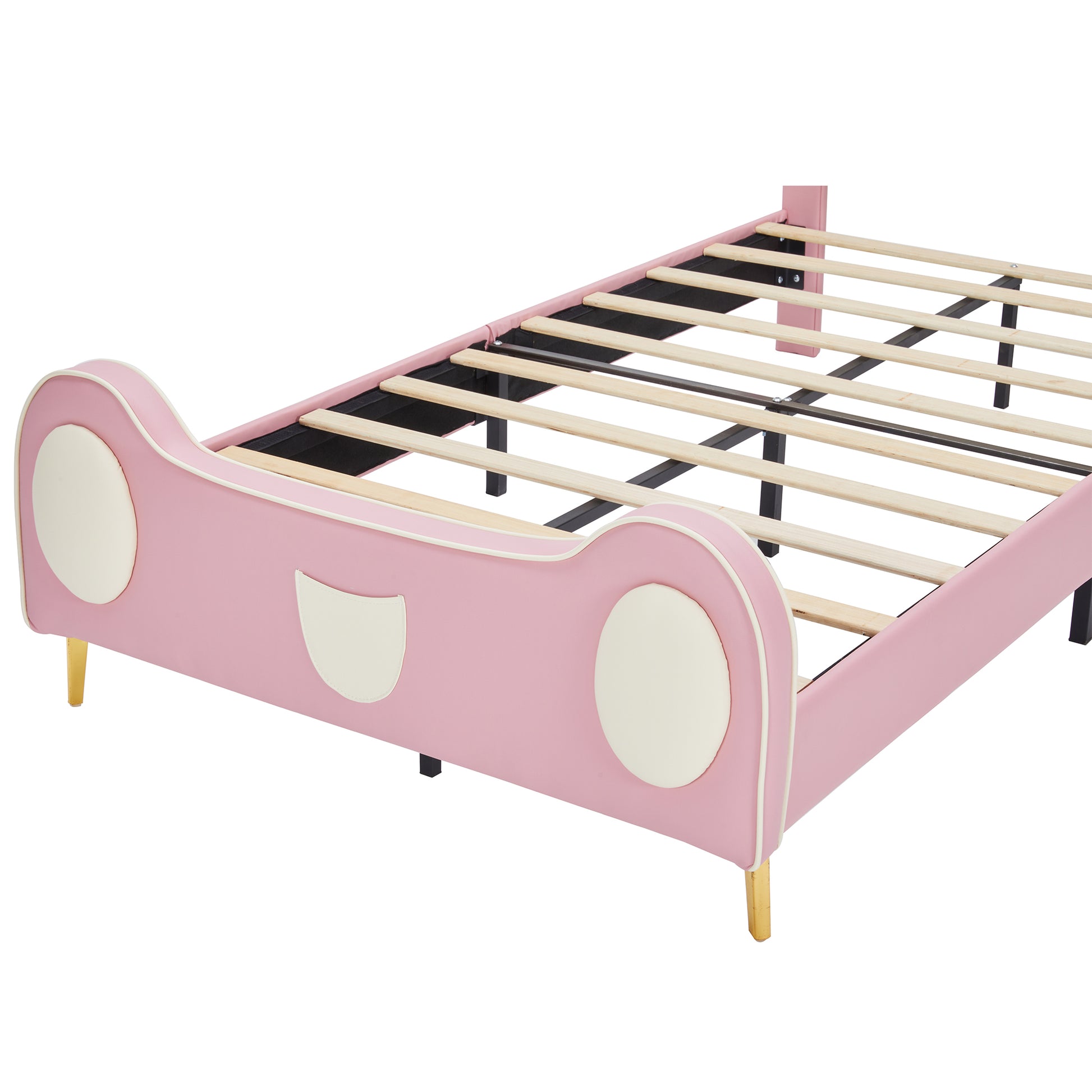 Pink upholstered twin bed frame with playful cream accents