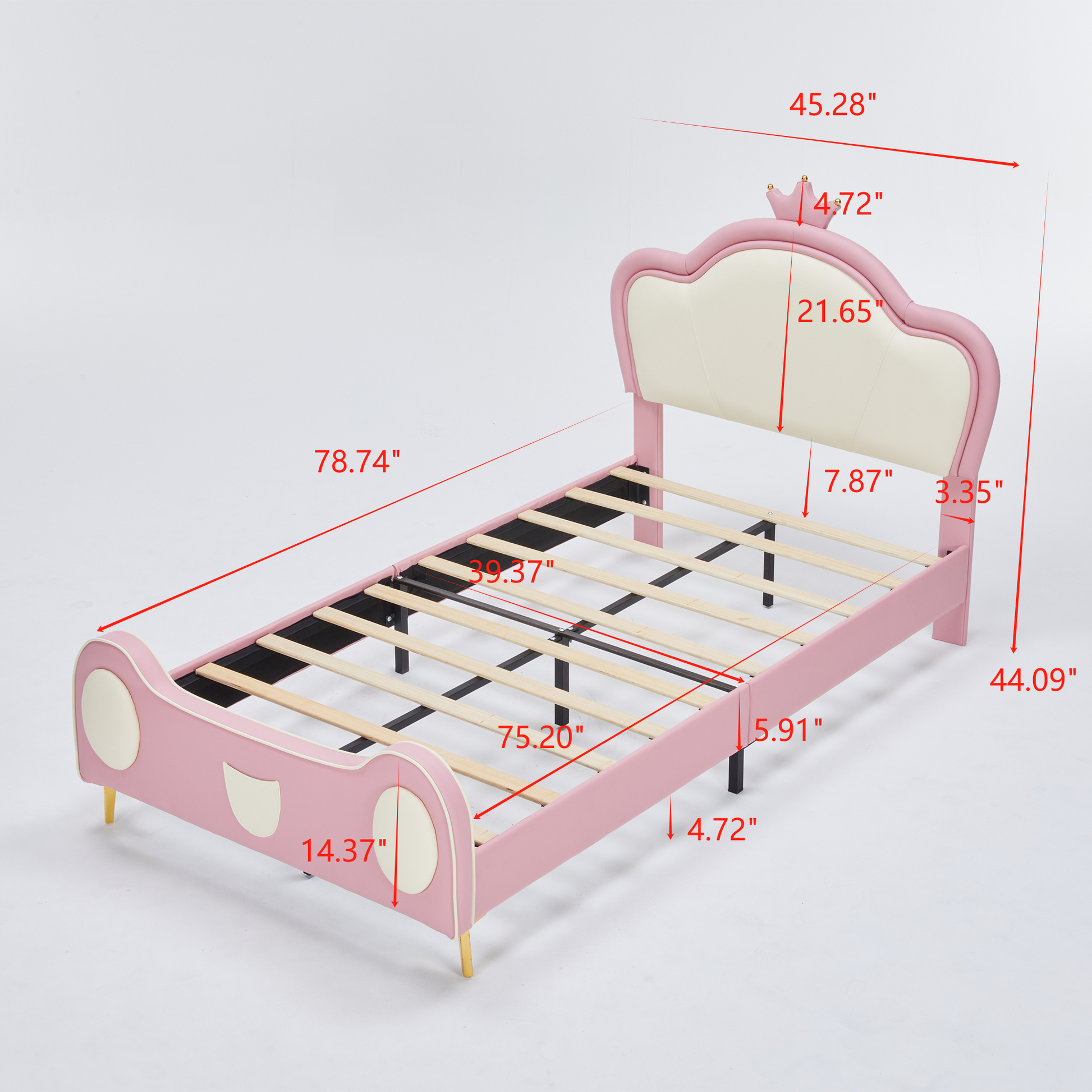 Pink upholstered twin bed frame with crown headboard