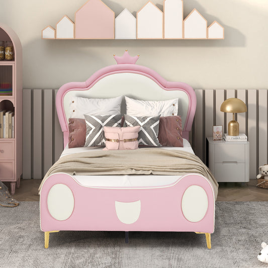 Pink upholstered twin bed with crown headboard and carshaped base