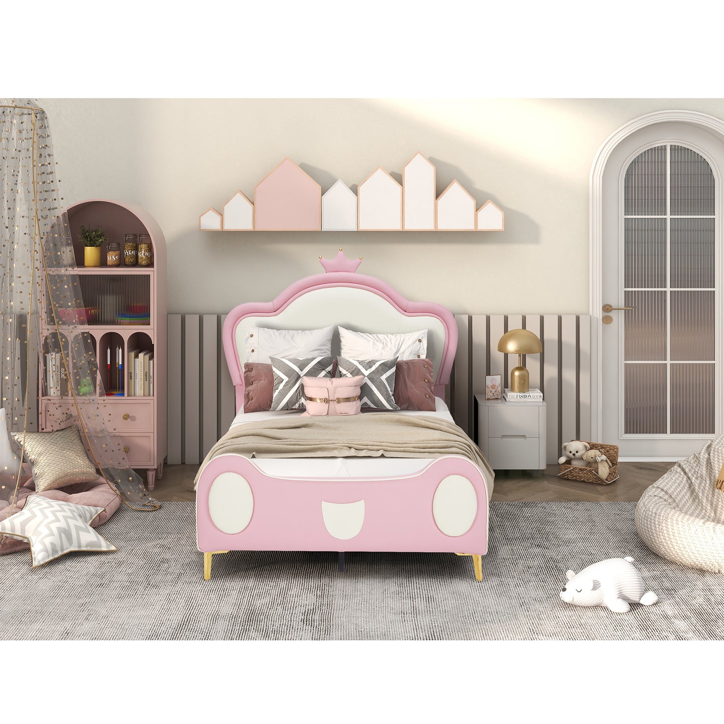 Pink carshaped twin bed for girls with crown headboard