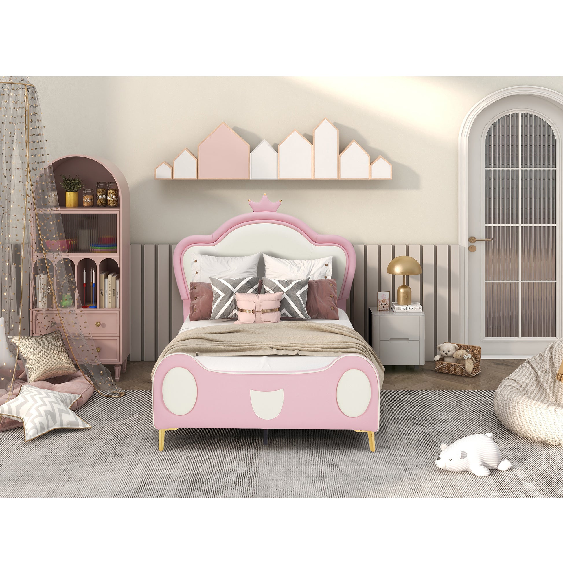 Pink carshaped twin bed for girls with crown headboard