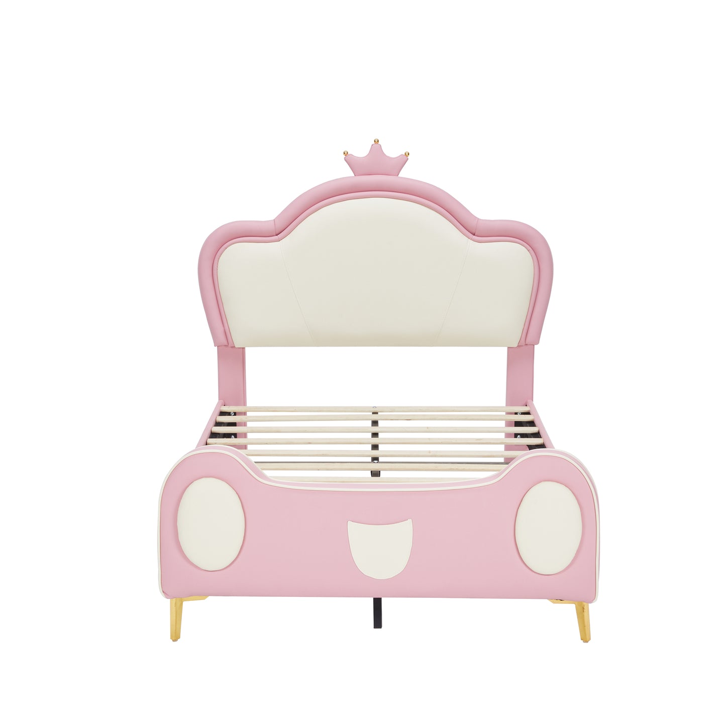 Pink upholstered twin bed with crown detail for kids