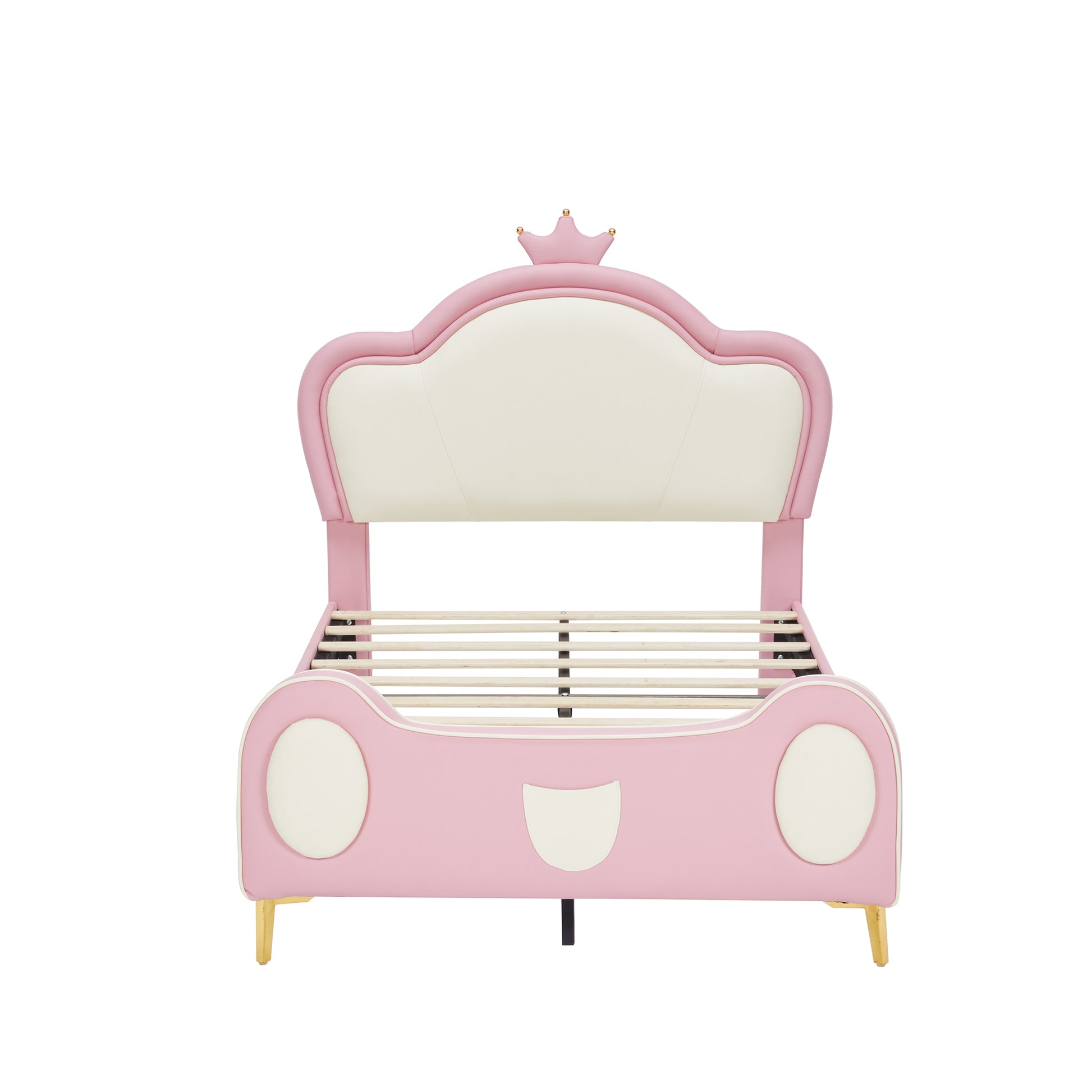 Pink upholstered twin bed with crown detail for kids