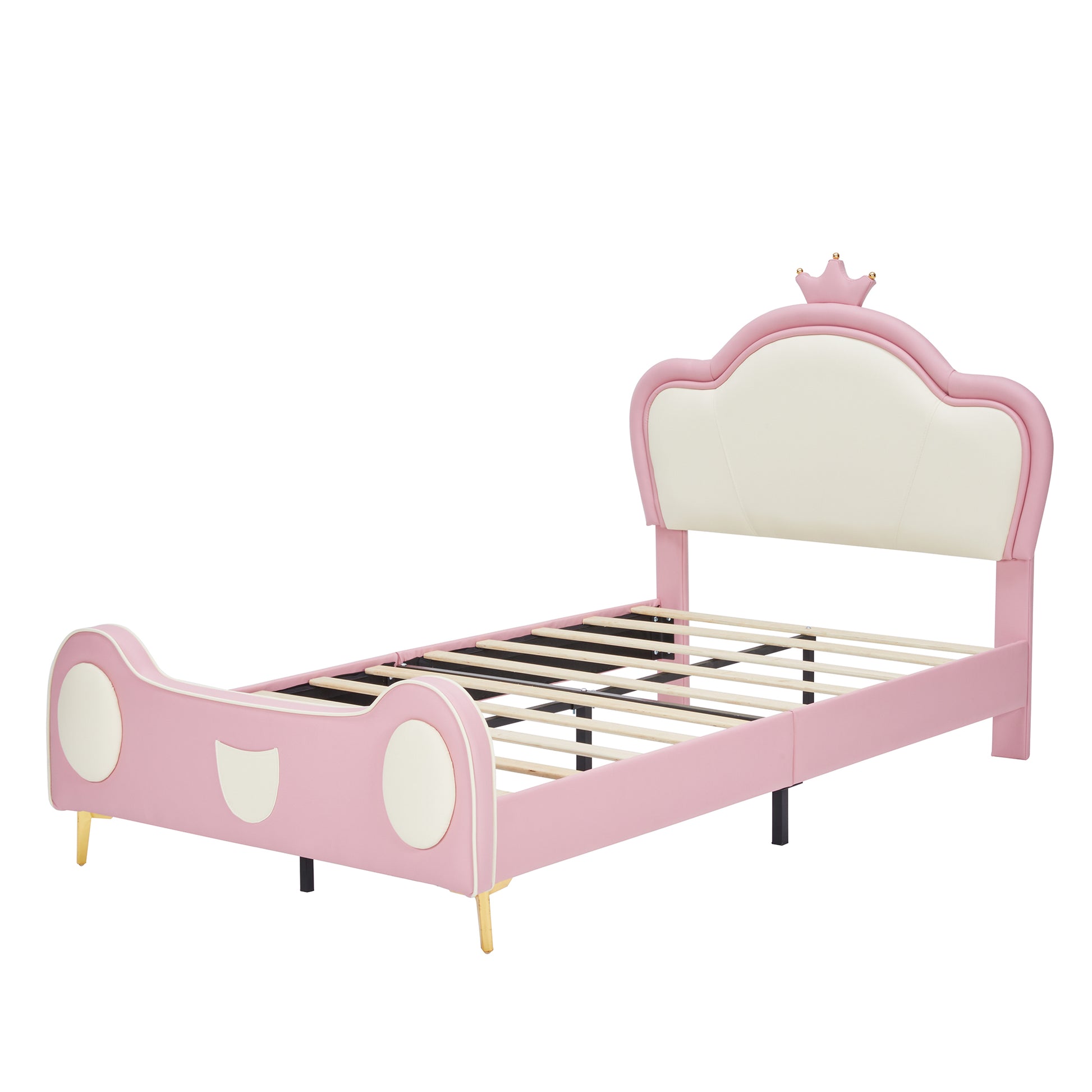 Pink twin bed with crown headboard and cream accents