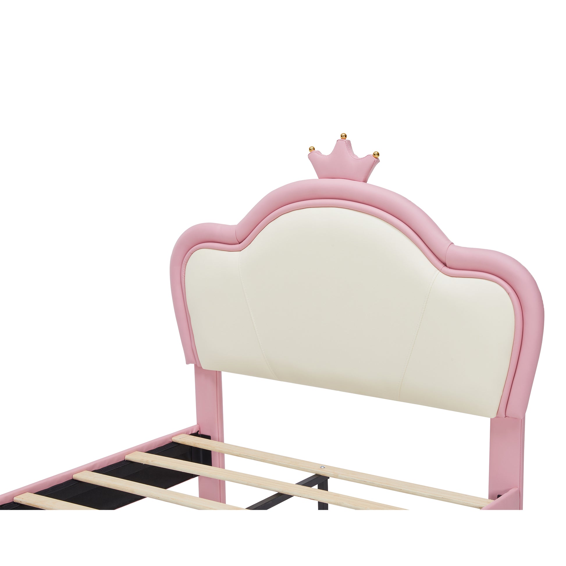 Pink upholstered twin bed frame with crown headboard
