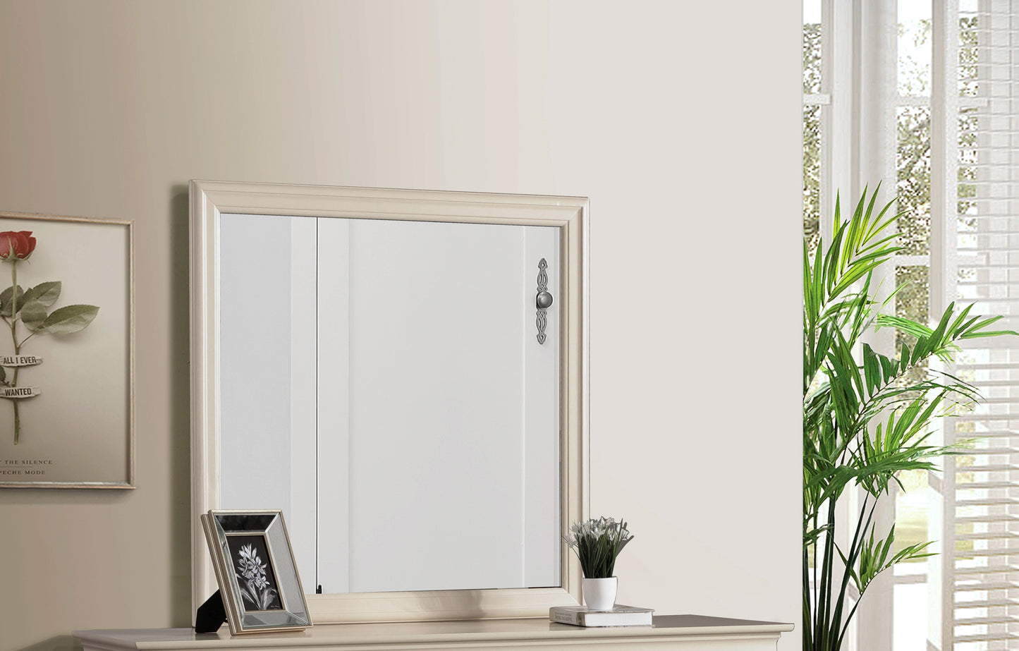 Ornate cream dresser mirror with decorative hardware