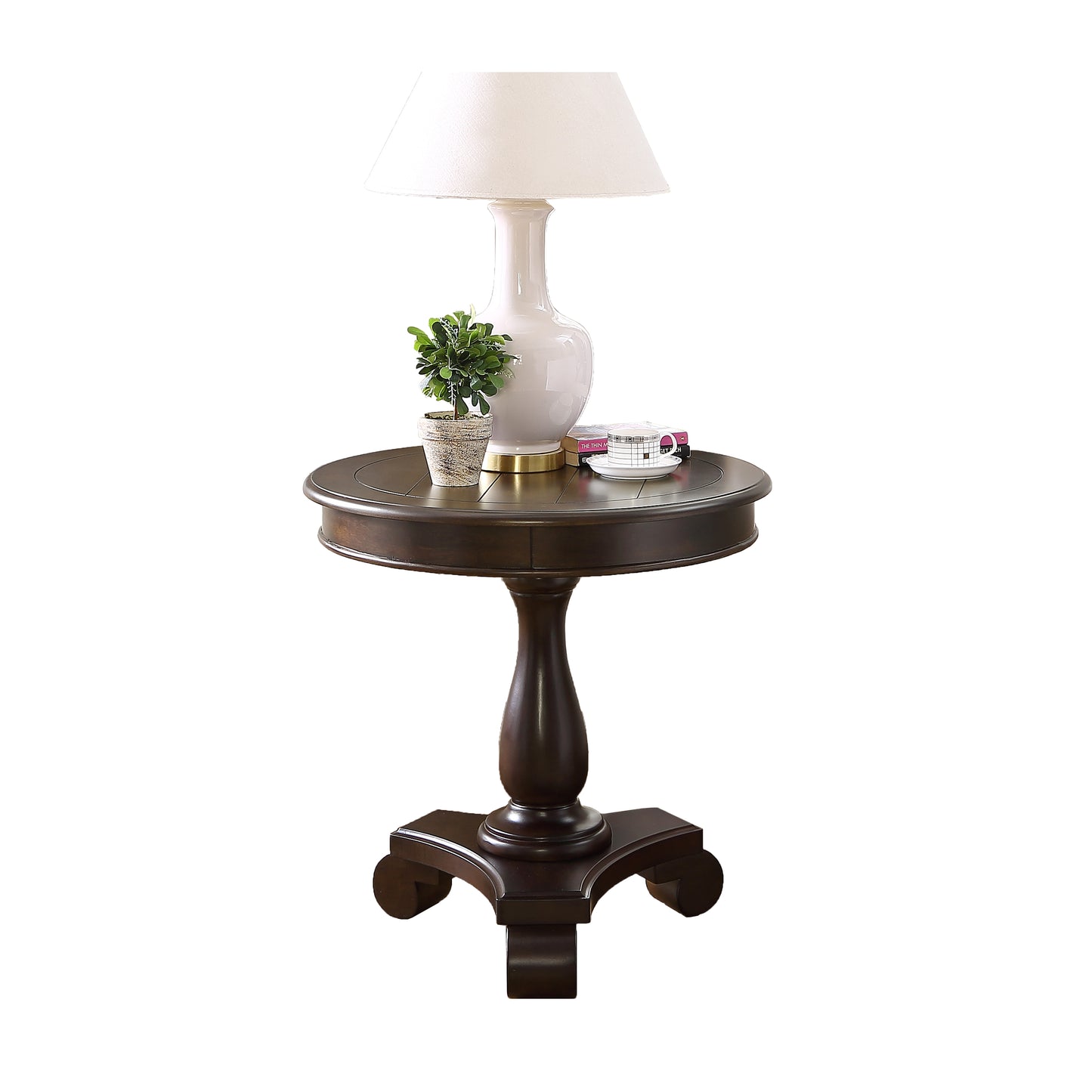 Dark wood round accent table with carved pedestal base