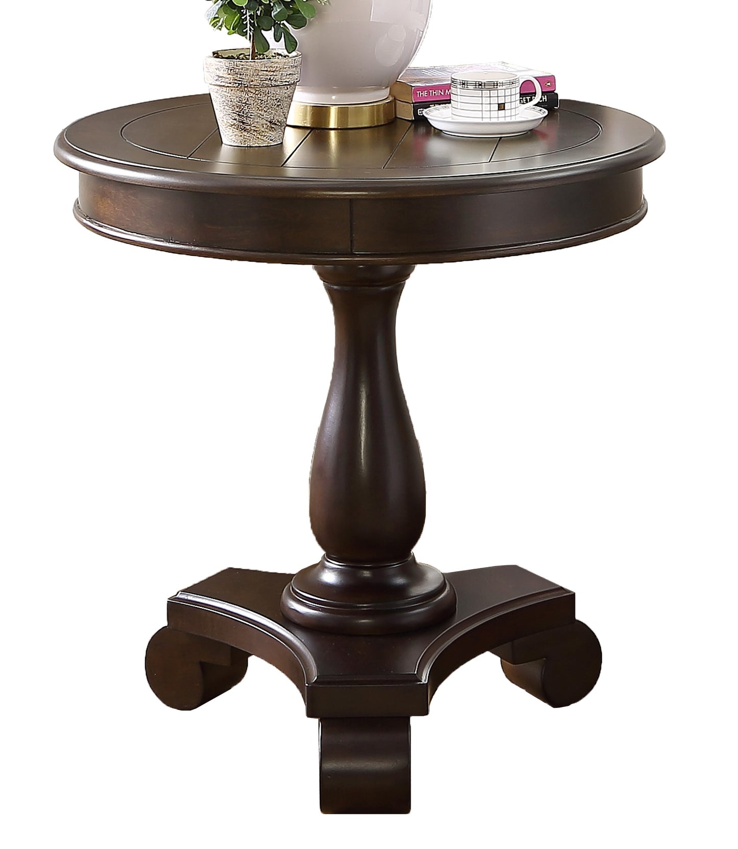 Dark wood round end table with carved pedestal base