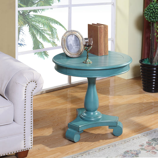 Aqua distressed pedestal accent table with ornate legs perfect for vintage decor