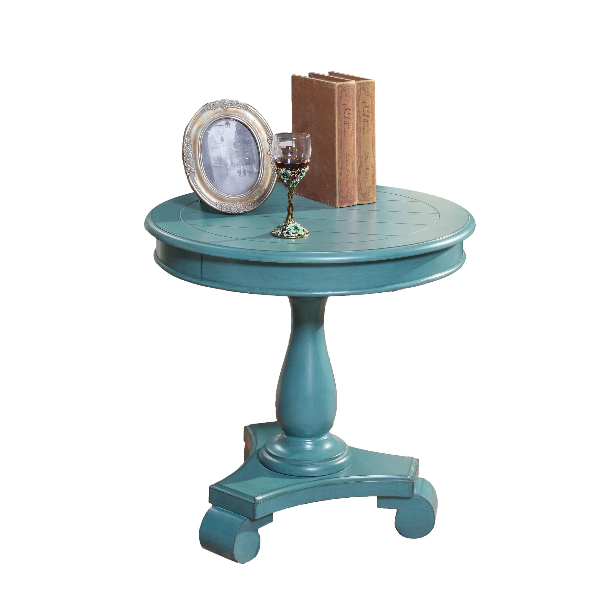 Teal distressed wood round side table with ornate pedestal base