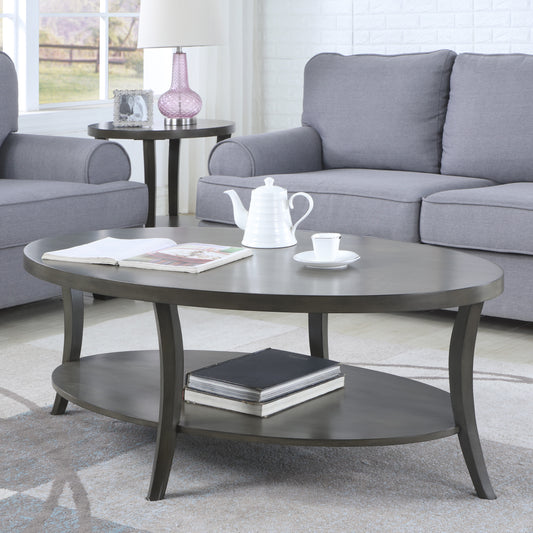 Dark gray oval coffee table with lower shelf modern design