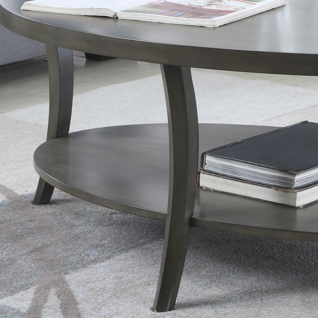 Dark gray oval coffee table with two shelves and elegant curved legs