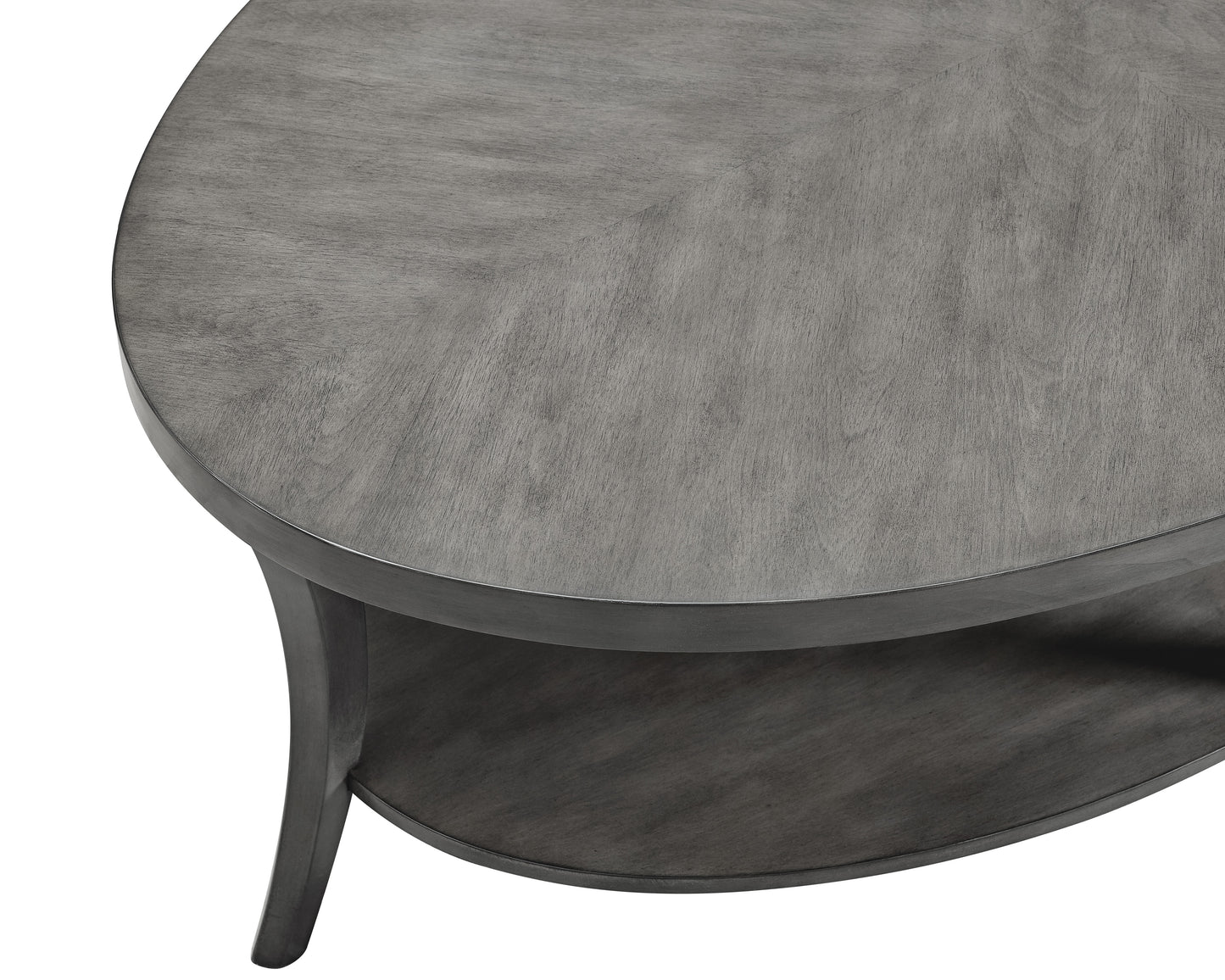 Round grey wood coffee table with a lower shelf