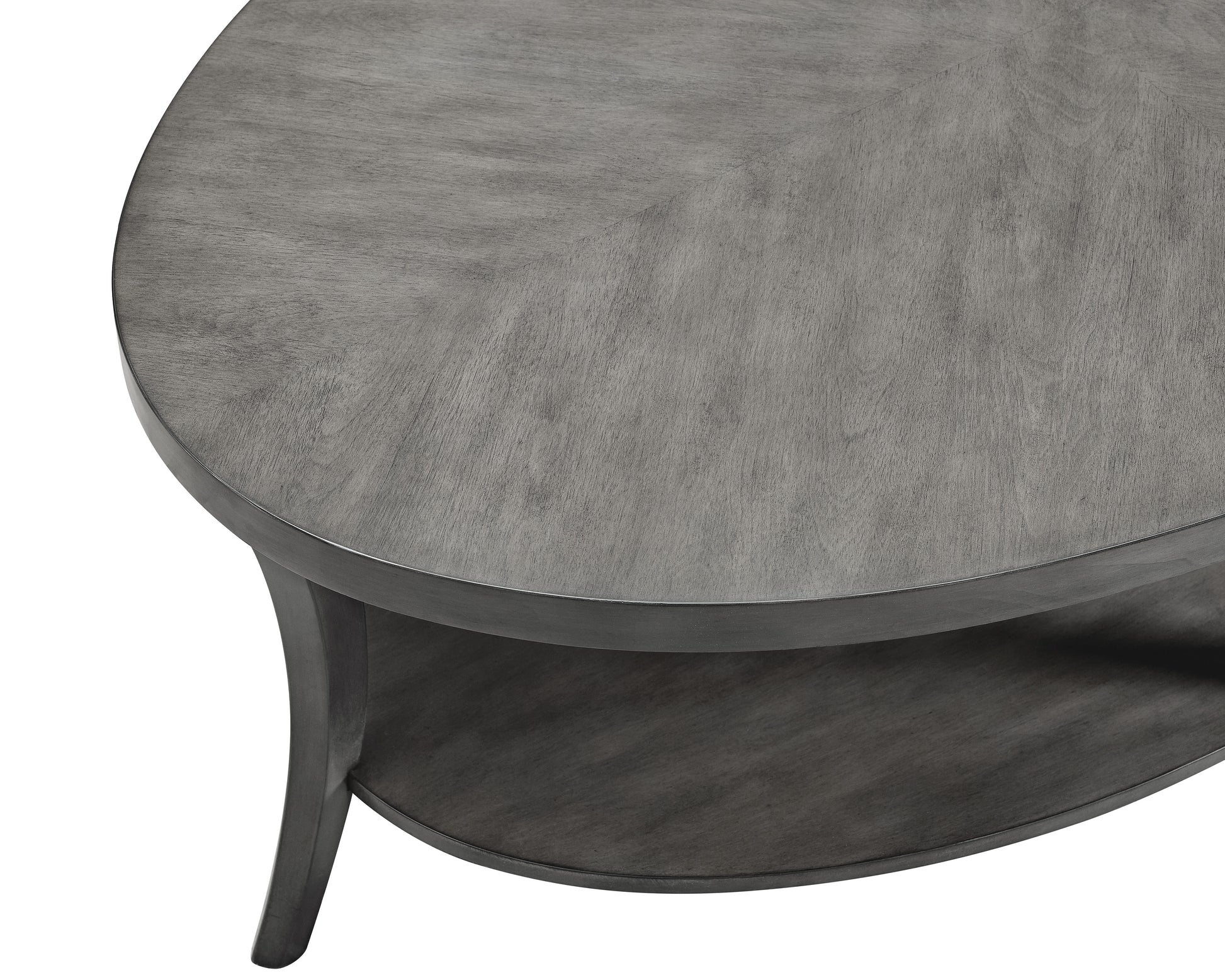 Round grey wood coffee table with a lower shelf