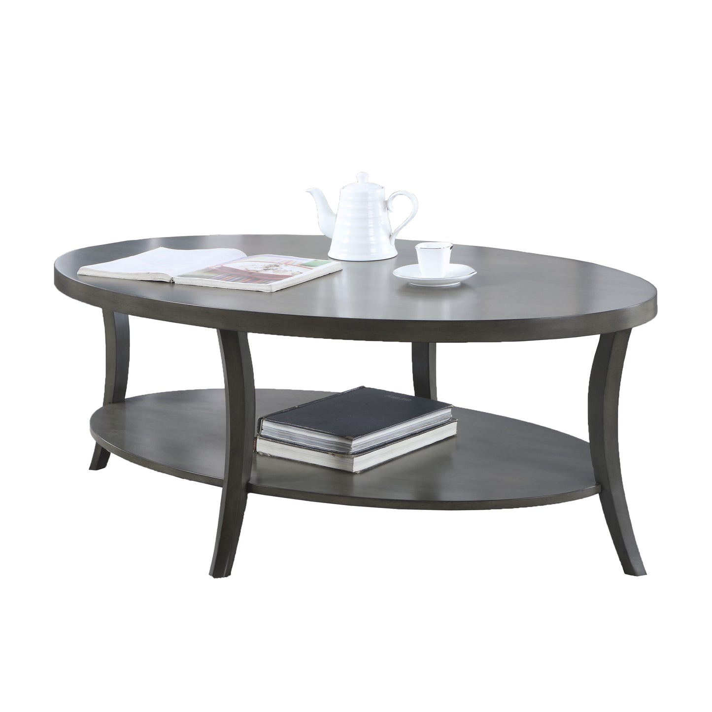 Grey oval coffee table with two tiers and subtle wood grain