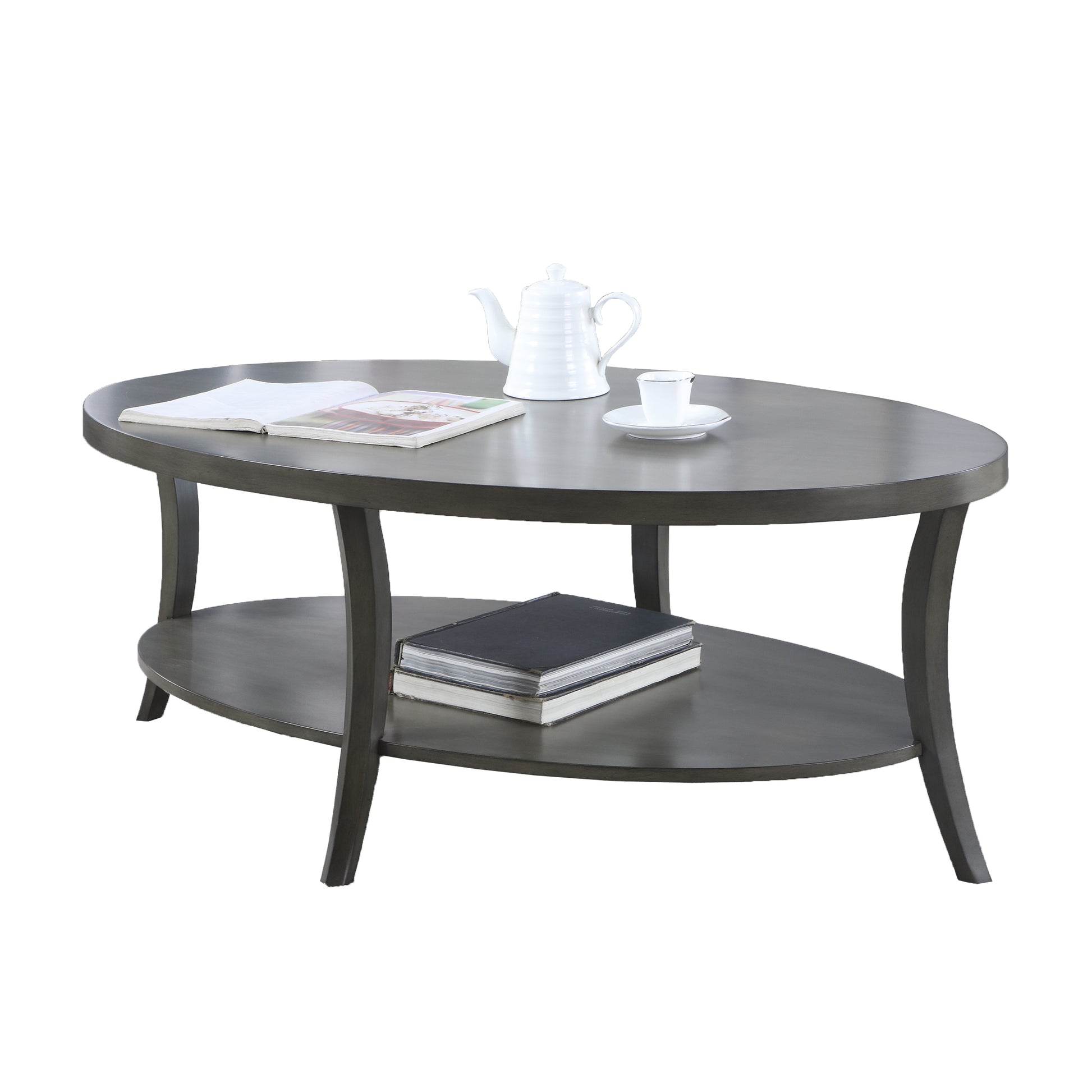 Grey oval coffee table with two tiers and subtle wood grain
